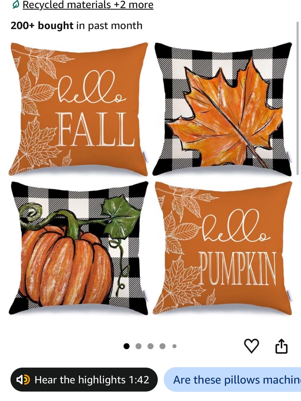Set of 4 Fall Pillow Covers 18x18 Pumpkin Buffalo Plaid Farmhouse